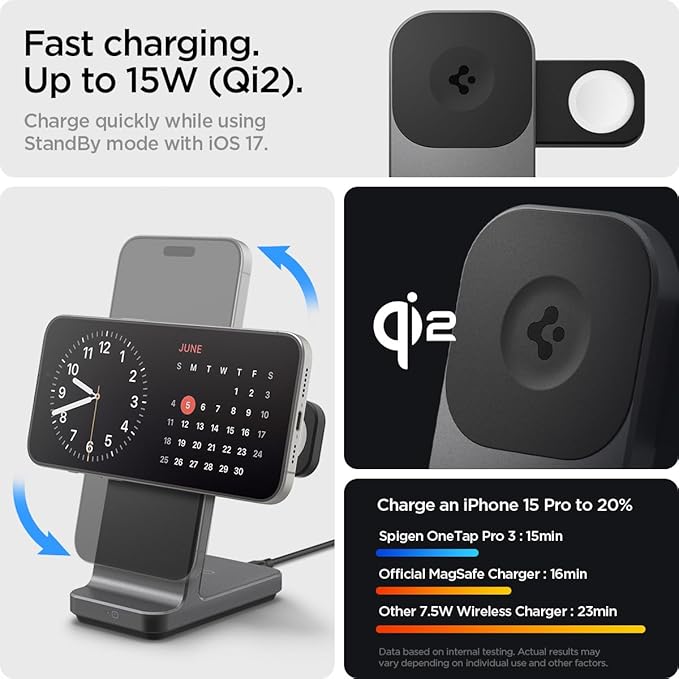 Spigen for 3 in 1 Charging Station Qi2 MagSafe Charger Stand 15W Compatible with iPhone 17/16/15/14/13/12 Apple Watch Ultra 3/2/1 Apple Watch 11/10/9/8/7/6/5/4/3/2/1/SE AirPods Pro 3/2/1 AirPods 4/3