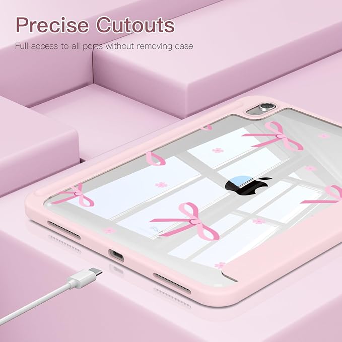 Teryeefi for iPad (A16) 11th Generation Case 11 Inch 2025 Release for iPad 10th Generation 10.9 Inch 2022 Protective Shell with Pencil Holder Soft TPU+Crystal Hard Back Cover Pink Bow