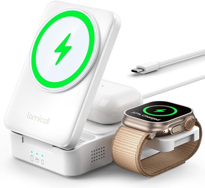 Lamicall Foldable 3 in 1 Wireless Charging Station for Apple MagSafe - [Upgraded Cooling &amp Reliability] Compact Travel Magnetic Charger Stand for iPhone 17 16 15 14 13 Pro Max AirPods Apple Watc