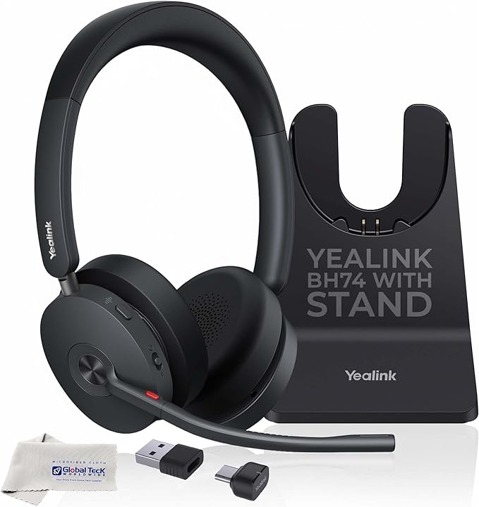 BH74 Yealink Headset Bluetooth Wireless with Headphone Charging Stand Compatible with Teams Zoom Webex Meet Video Calls Acoustic Shield Mic &amp Hybrid ANC Long Battery Ideal for Office &amp