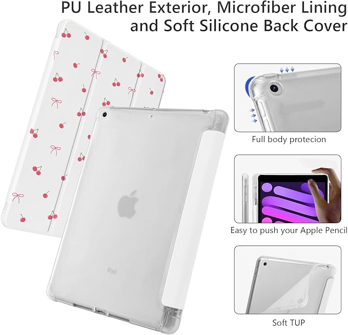 Cute Kawaii Cherry Bow for iPad Air 3 Case with Pencil Holder Auto Sleep/Wake Leather Soft TPU Back Cover for iPad Pro 10.5 Inch 2017