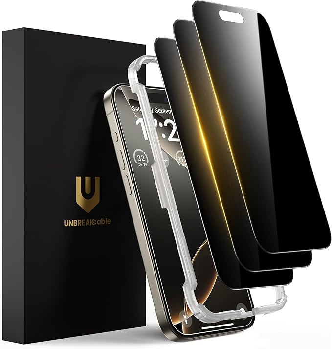 UNBREAKcable Privacy Screen Protector for iPhone 16 Pro Max (6.9) 25° Anti-Spy Tempered Glass Easy Install Alignment Frame Case-Friendly 9H Hardness Anti-Fingerprint 3-Pack