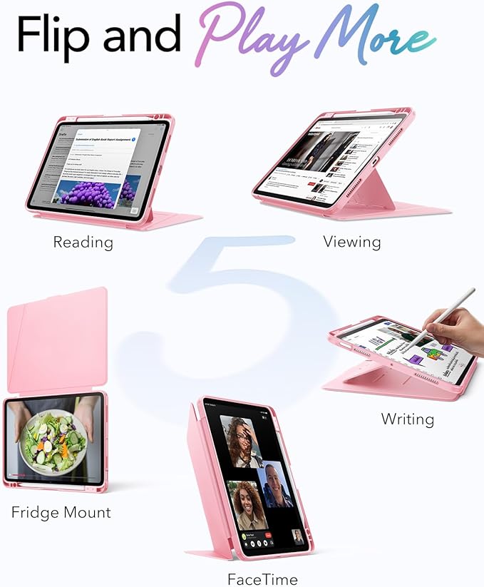ESR for iPad Air 11 Inch Case M4/M3/M2 (2026/2025/2024) iPad Air 5th/4th Gen Case (2022/2020) Vertical Stand Cover Multi Stand Angles Ultra-Stable Cover with Pencil Holder Flip Series Pink
