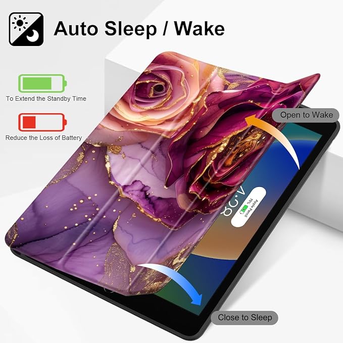 Mektron Designed Printed iPad 10.2 Case 9th Gen (2021)/ 8th Gen (2020)/ 7th Gen (2019) with Pencil Holder Slim Stand Protective Case with Soft TPU Back for iPad 10.2 Inch Marble Flowers