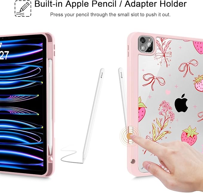 May Chen for iPad Pro 11 inch M2 4th Generation 2022 iPad Pro 11 3rd/2nd/1st Gen Case with Transparent Shockproof Back Cover [Built-in Pencil Holder Auto Sleep/Wake Strawberry Bow