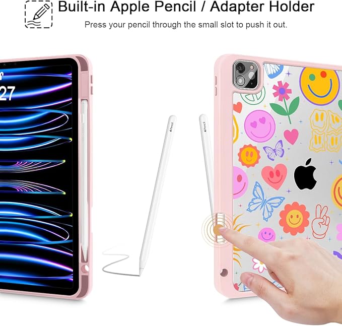 May Chen for iPad Pro 11 inch M2 4th Generation 2022 iPad Pro 11 3rd/2nd/1st Gen Built-in Pencil Holder with Shockproof Cover Clear Transparent Back Shell Auto Wake/Sleep Smile Pattern