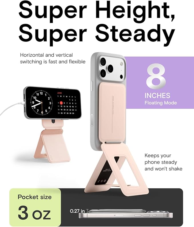 MOFT Phone Stand Magnetic Phone Tripod Stand Stain-Resistant MOVAS Leather &amp Angle Adjustment &amp Strong Magnets Tripod for iPhone 17/16/15/14/13/12 (Included Metal Ring)-Peach Pink
