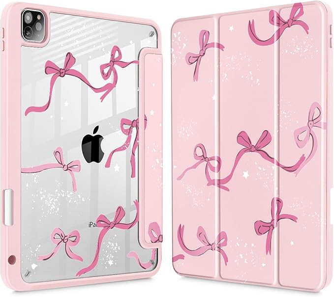 Tuiklol for iPad Pro 11 Inch Case M2 2022 Generation 4th -Built-in Pencil Holder Shockproof Cover Clear Transparent Back Shell Fit for iPad 11’’ 2021 2020 2018 Gen 3rd/2nd/1st for Kid Bow-Pink