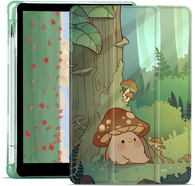 JOYLAND Cute Mushroom Pad Case Compatible with iPad Pro 11 Inch M4(2024) 5th Generation with Pencil Holder Auto Wake/Sleep Protective Case Black TPU Back Trifold Stand Smart Case