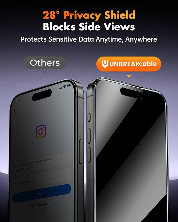 UNBREAKcable Privacy Screen Protector for iPhone 16 Plus 3 Pack Full Coverage Tempered Glass [28° Anti-Spy] [9H Hardness] [Easy Installation Box] Shatterproof Private Screen Guard