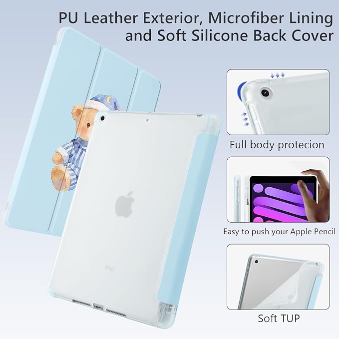 Cute Kawaii Bear for iPad 5th/6th Generation Case with Pencil Holder Auto Sleep/Wake Blue Leather Soft TPU Back Cover for iPad 9.7 Inch