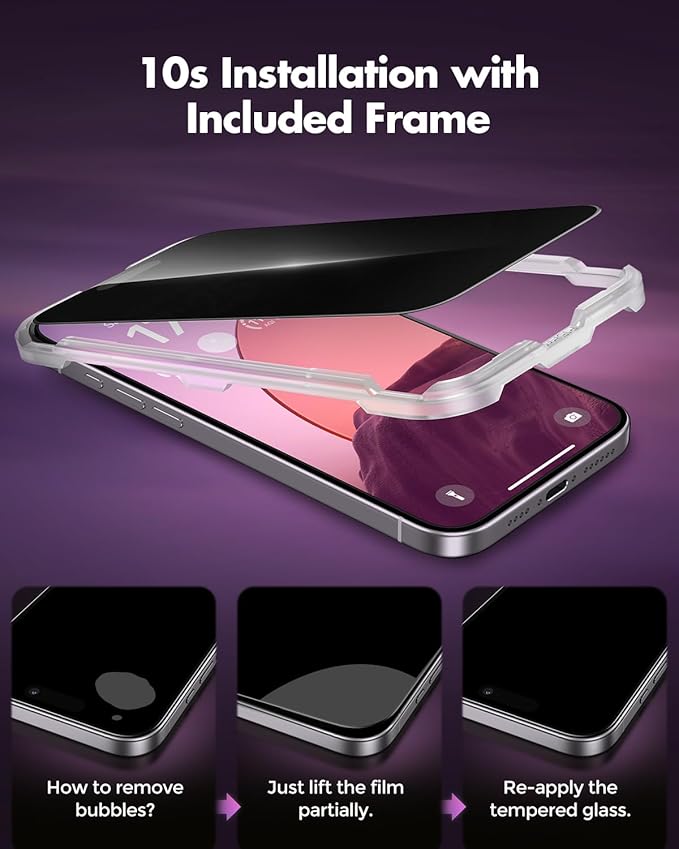 UNBREAKcable Privacy Screen Protector for iPhone 16 Full Coverage Shatterproof Tempered Glass [True 28°Anti Spy] [9H Hardness] [Easy Installation Frame] 2-Pack Private Screen for iPhone 16