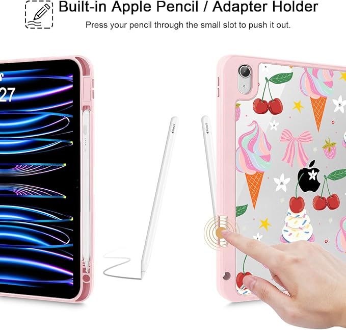 Case for iPad Air 11'' (M4 2026/M3 2025/M2 2024)/ iPad Air 10.9'' Air 5th /4th Gen Shockproof Cover with Clear Back Shell &amp Penceil Holder Auto Wake/Sleep Stand Cover Ice Cream-Bows-Pink