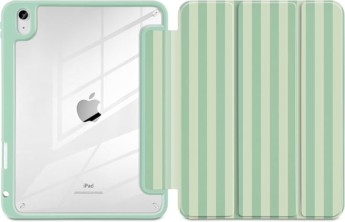 Case for iPad A16 11th Generation 11 inch 2025 iPad 10th Generation 10.9 inch 2022 -[Built-in Pencil Holder] Shockproof Clear Hard Back Trifold Stand Auto Wake/Sleep Green Striped
