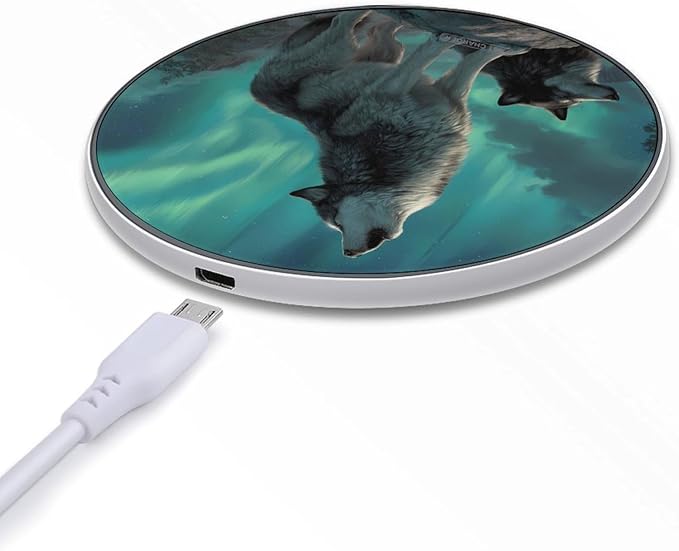 Wolf Howling Moon Northern Lights Fast Portable Charger 10W Funny Graphic Phone Charging Pad with USB Cable
