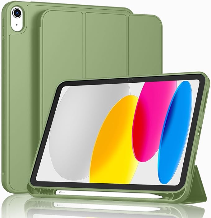 Case for iPad (A16) 11 Inch 2025/iPad 10th Generation 10.9 Inch 2022 Slim Trifold Stand Protective Cover with Pencil Holder and Soft TPU BackSupport Auto Sleep/Wake (Olive Green)