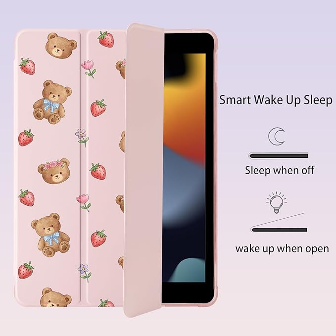 Cute Kawaii Bear Strawberry for iPad Air 3 Case with Pencil Holder Auto Sleep/Wake Pink Leather Soft TPU Back Cover for iPad Pro 10.5 Inch 2017