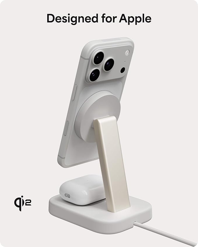 Mophie 2-in-1 Wireless Charging Stand - Qi2-Certified MagSafe Charger for iPhone &amp AirPods – Fast Charging Station with Adjustable Phone Stand &amp Cable Management – Up to 15W Power
