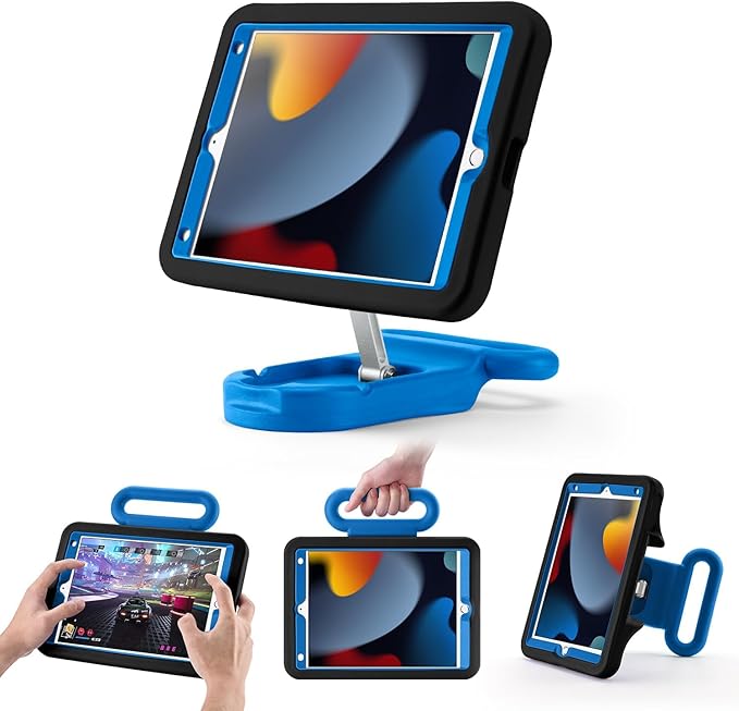 Kids Case for iPad 7th/8th/9th Gen 10.2 inchAdjustable Portrait/Landscape Stand/Drop Proof with Handle/KickstandChild Friendly Protective Cover for iPad 10.2 2021/2020/2019 (BlackBlue)