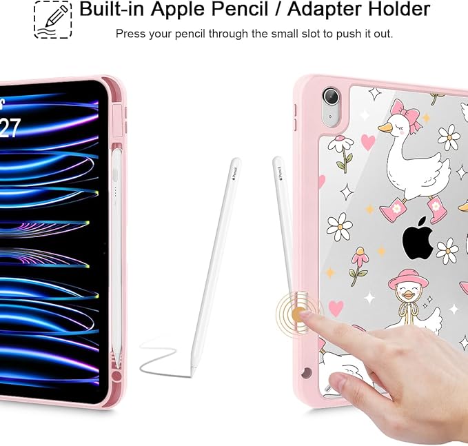 May Chen Case for iPad Air 13 Inch M4 2026 M3 2025 M2 2024 [Built-in Pencil Holder] Shockproof Cover with Clear Transparent Back Shell Auto Sleep/Wake Cover Cute Goose Spring