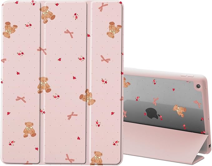 Lovely Bear Bowknot Case for iPad Pro 6th/5th/4th/3rd Generation (2022/2021/2020/2018) 12.9 Inch with Pencil Holder Kawaii Girly Pink Leather Clear Back Shell Foldable Protective Cover