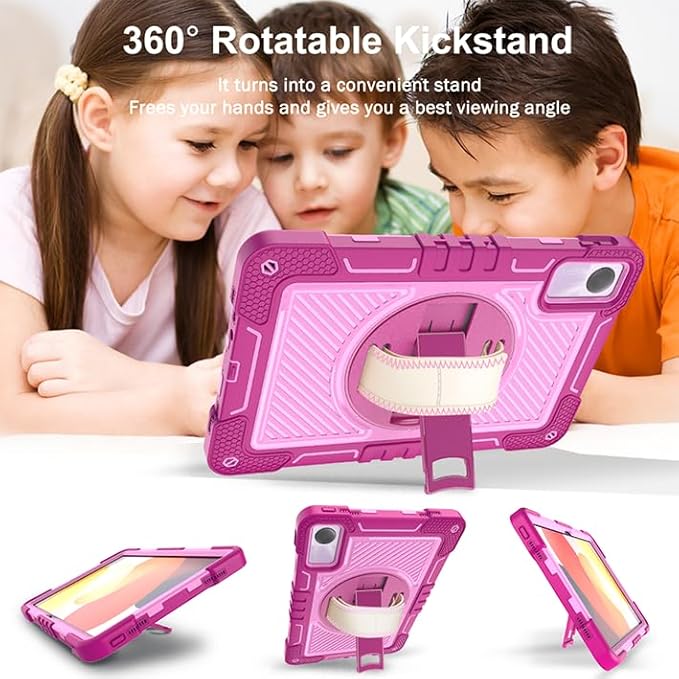Tablet Case for Xiaomi Redmi Pad SE 11.0 inches Tablet Shockproof Cover with 360° Rotating Stand and Wrist Strap Shoulder Strap Red Rose+Pink