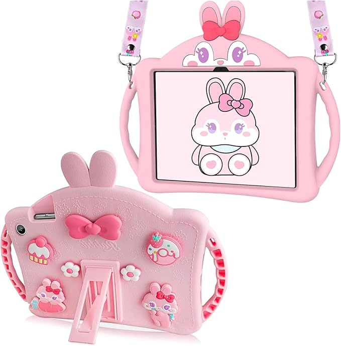 for iPad A16 Case/10th Generation Case Girls Teens Cute Cartoon 10.9 Inch 2022 Tablet Cover with Adjustable Shoulder Straps and Handle Cute Rabbit Soft Silicone Tablet Cover(Pink)