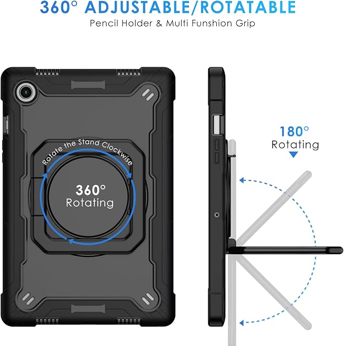 DETUOSI Galaxy Tab A8 Case - Shockproof with 360 Stand &amp Strap Heavy Duty for SM-X200/X205/X207 Black