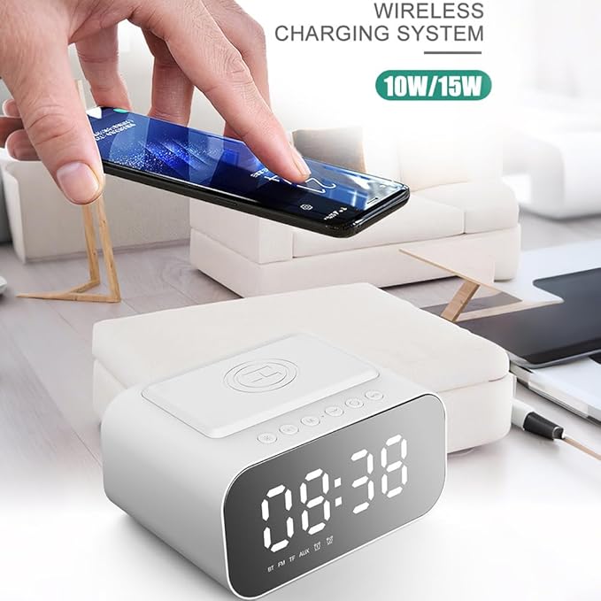 IHAO 7in1 Multifunctional Digital Alarm Clock with 15W Fast Wireless Charger Bluetooth Speaker LED Display Clock FM Radio TF Card AUX Input USB Port Dual Alarm for Bedroom and Office-BT510 White