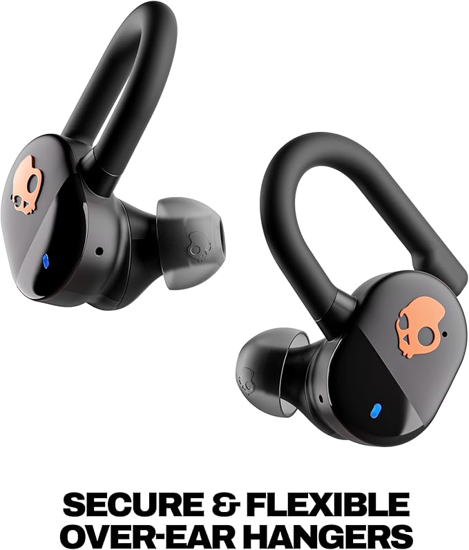 Skullcandy Push Play Active Wireless Earbuds Bluetooth Headphones Noise Isolating Fit 34 Hrs Battery Secure-Fit Over-Ear Hanger Sweat Water Resistant Microphone for iPhone Android - Black/Orange
