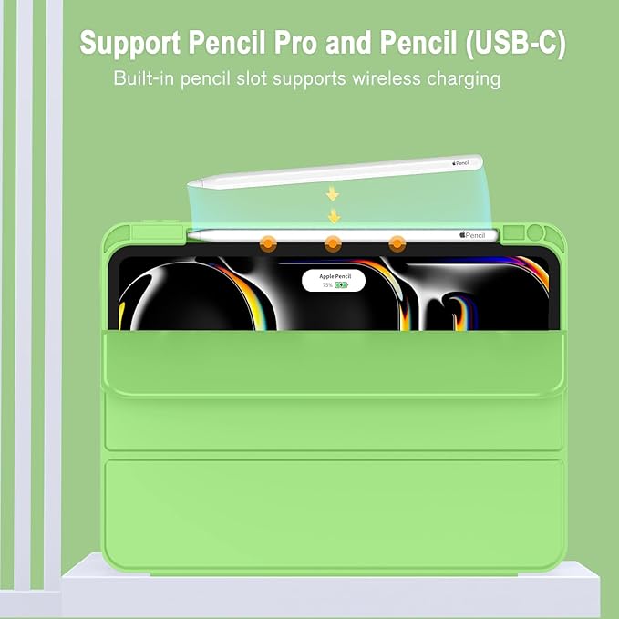 ZryXal iPad Pro 11 Inch Case (M5) 2025/ (M4) 2024 (Model: A2836/A2837/A3006) Trifold Stand Smart Cover with Pencil Holder and Soft TPU Back Auto Wake/Sleep (Grass Green)