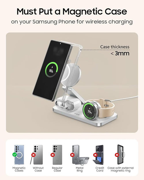 3 in 1 Foldable Magnetic Wireless Charging Station for Samsung Wireless Charger Stand for Galaxy S26 Ultra S25/S24 /Note 20/Flip 7/Fold 7 for Galaxy Watch Ultra/8/7/6Galaxy Buds 3/3 Pro