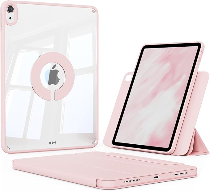 KENKE Magnetic Case for iPad A16 11th/10th Generation (11/10.9 Inch 2025/2022) with Pencil Holder Magnetic Detachable Hybrid Stand Clear Hard PC Back Shell Portrait/Landscape Angle Pink