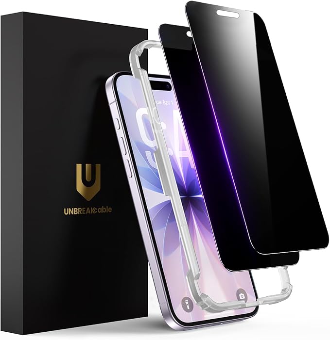 UNBREAKcable Privacy Screen Protector for iPhone 17 Full Coverage Shatterproof Tempered Glass [True 28°Anti Spy] [9H Hardness] [Easy Installation Frame] 2-Pack Private Screen for iPhone 17