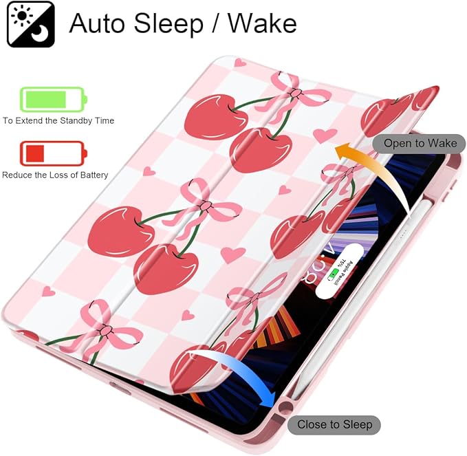 Mektron Case for M5/ M4 iPad Pro 11 inch 2025/2024 with Pencil Holder Compatible Models: A3357/A3358/A3359/A2836/A2837/A3006 Shockproof Cover Clear Shell Cherries Bows C353