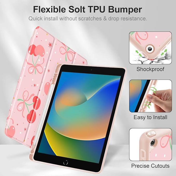 Tuiklol Case for iPad 10.2 Inch 2021 2020 2018 Release 9th / 8th / 7th Generation Built-in Pencil Holder TPU Protective Stand Back Cover Trifold Stand-Auto Wake/Sleep Etro Cherry