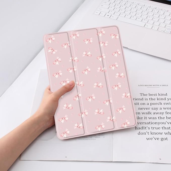 JOYLAND Kawaii Bow Design Case for iPad 9th/7th/8th Generation (2021/2020/2019) 10.2 Inch with Pencil Holder Cute Bowknot Pink Girly Cover Auto Wake/Sleep Foldable Shockproof Case