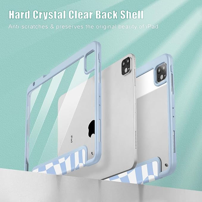 Mektron Case for iPad Pro 11 inch Case M2 2022 Generation 4th Fit 2021 2020 2018 iPad Pro 11 (3rd 2nd &amp 1st Gen) -Buit in Pencil Holder with Shockproof Cover Clear Shell Wave Striped-Blue
