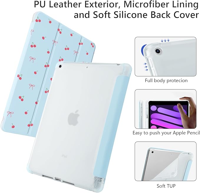Cute Kawaii Cherry Bow for iPad mini 7 A17 Pro 2024/iPad Mini 6 Case with Pencil Holder Auto Sleep/Wake Blue Leather Soft TPU Back Cover