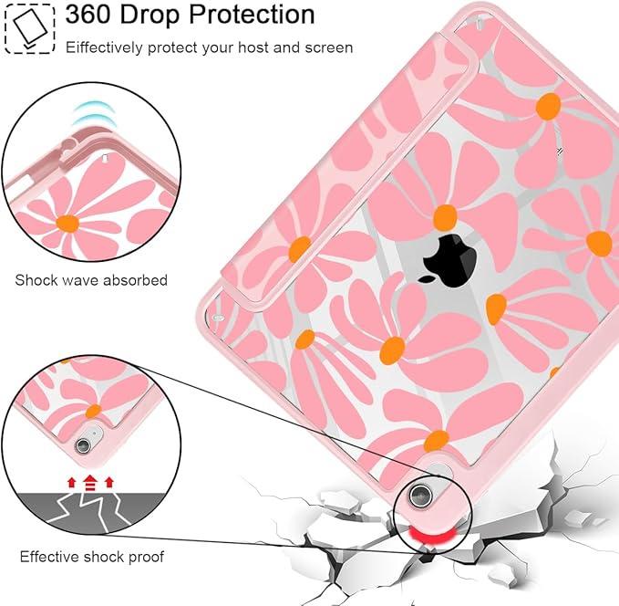 May Chen for iPad (A16) 11th Generation Case 11 Inch 2025 iPad 10th Gen Case 2022 10.9 inch Built-in Pencil Holder with Shockproof Cover Clear Transparent Back Shell Auto Wake/Sleep Groovy Flower