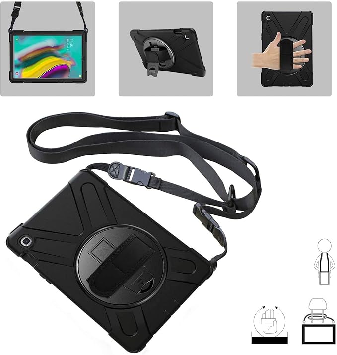 ZenRich Galaxy Tab S5e Case 2019 zenrich SM-T720/T725/T727 Heavy Duty Shockproof Rugged Case with Rotatable Stand Hand Strap and Shoulder Belt for Samsung Galaxy Tab S5e 10.5 inch 2019 Tablet-Black