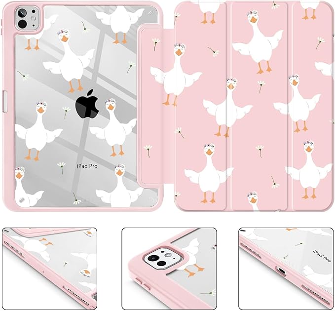 May Chen Case for iPad Pro 11-Inch M5/M4 2025/2024 (6th/5th Generation) [Penceil Holder] Trifold Stand Auto Wake/Sleep Clear TPU Protection Back Cover Goose Flower