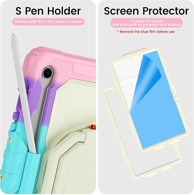HXCASEAC Case for Galaxy Tab S10 lite / S10 FE / S9 FE 10.9 Inch Shockproof | 360° Rotating Stand | S Pen Holder | Screen Protector | Shoulder Strap | Samaung S10 Lite Tablet Case Kids Rainbow Pink