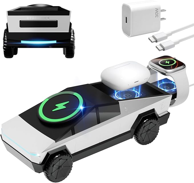 CyberDockV2 3-In-1 Wireless Charging Station Cybertruck 1:25 Scale Charger with Qi2 Certified 15W Charging for iPhone iWatch AirPods Magnetic Rotating Charger with Ambient Light 30W Adapter Sliver