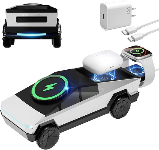 CyberDockV2 3-In-1 Wireless Charging Station Cybertruck 1:25 Scale Charger with Qi2 Certified 15W Charging for iPhone iWatch AirPods Magnetic Rotating Charger with Ambient Light 30W Adapter Sliver