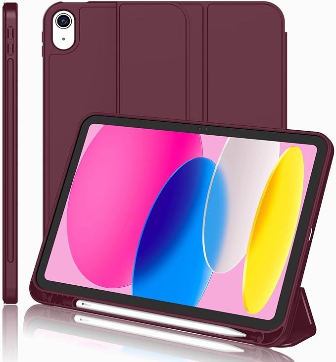 iMieet iPad (A16) Case 11th Gen/iPad 10th Generation Case [11-Inch 2025/10.9 Inch 2022] with Pencil Holder Trifold Stand Smart Cover with Soft TPU BackAuto Wake/Sleep(Wine)