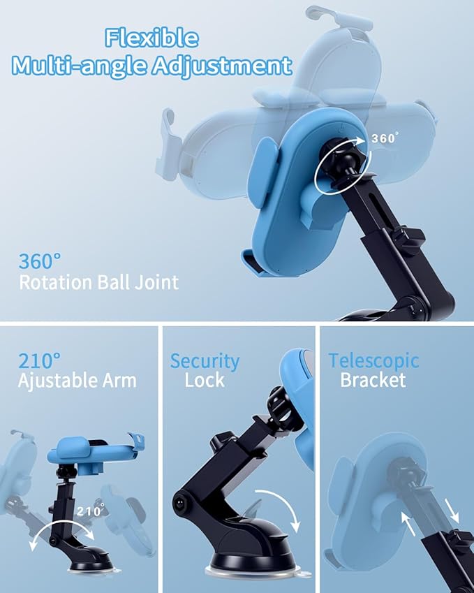 Wireless Car Charger Auto-Clamping 3-in-1 Phone Mount - 15W/10W/7.5W Fast Charging Car Accessories Compatible with iPhone 16/15/14/13/12/11/Xs/XR Samsung S23 Ultra/S22/S21/S20/S10+/S9(Blue)
