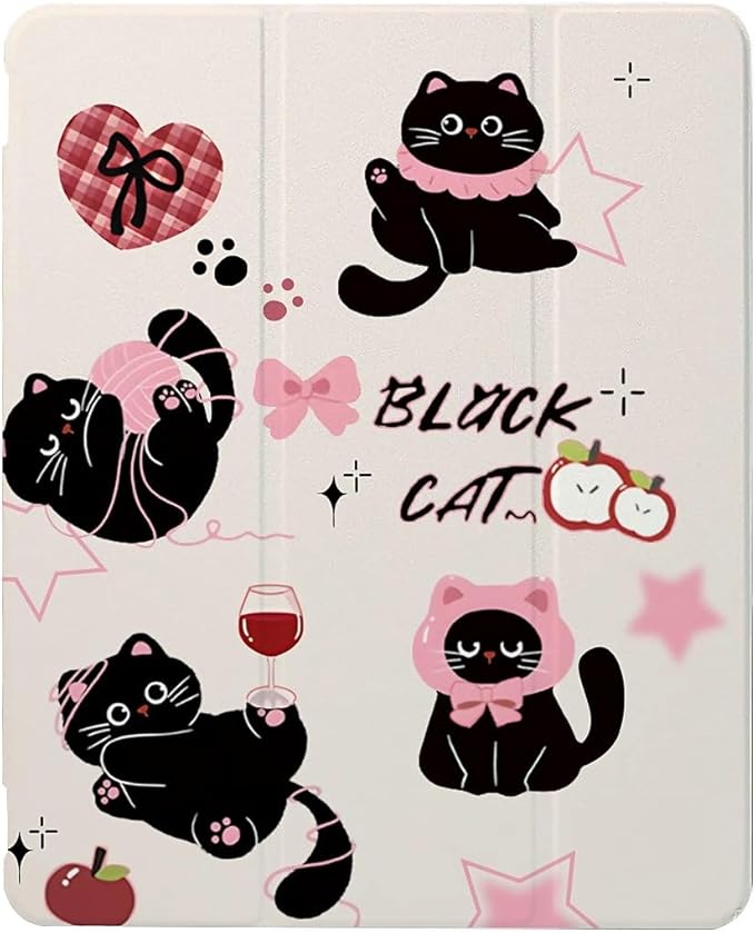 Cute Black Cats Pink Plaid Bows Case Compatible with iPad 9th 8th 7th Generation 10.9 Inch 2021/2019/2018Funny Cover with Trifold Stand + Pencil Holder for Boys GirlsiPad 10.9in 2022