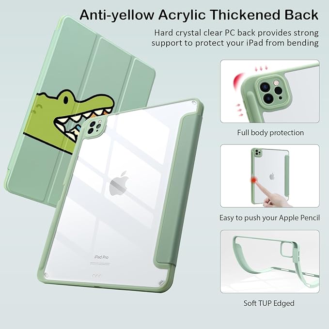 Cute Kawaii Capybara Crocodile for iPad Air 11 Inch Case 7th/6th Generation (M3/M2) 2025/2024 with Pencil Holder Auto Sleep/Wake Green Leather Clear Acrylic Back Cover