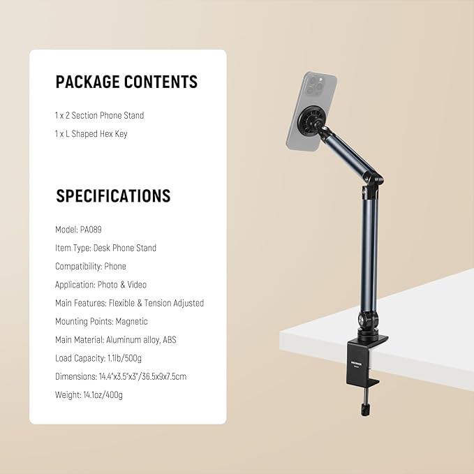 NEEWER Basics Magnetic Cell Phone Holder Stand for Desk &amp Bed Tension Adjustable Overhead Desk Mount Compatible with MagSafe iPhone 16 15 Pro Max Plus 14 13 12 for Video Recording Filming PA089